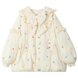 KEIKO 甜系小碎花刺绣花苞形棉服冬季少女感花边连帽显瘦斗篷棉袄