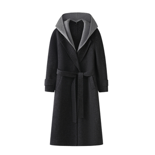 双面羊绒大衣女中长2025秋冬西装领带帽羊毛呢子外套妈妈装15829