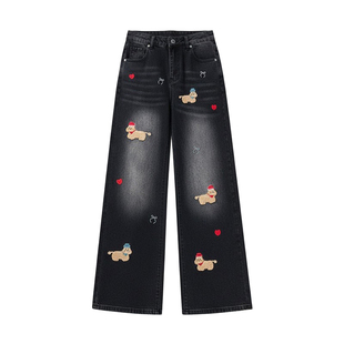 胖mm大码卡通小狗刺绣加绒牛仔裤女秋冬黑色女裤宽松显瘦阔腿裤子