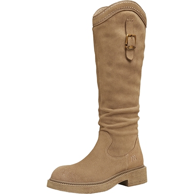 天美意复古厚底西部靴加绒堆堆靴长靴女鞋高筒时装靴短靴冬季新款