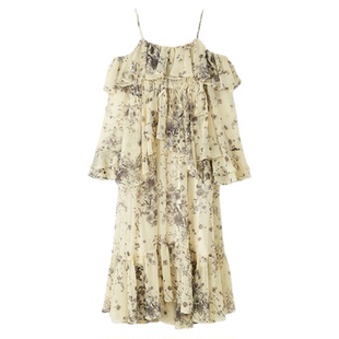 SNIDEL2025秋冬新品优雅收腰吊带露肩荷叶边蛋糕连衣裙SWFO255031