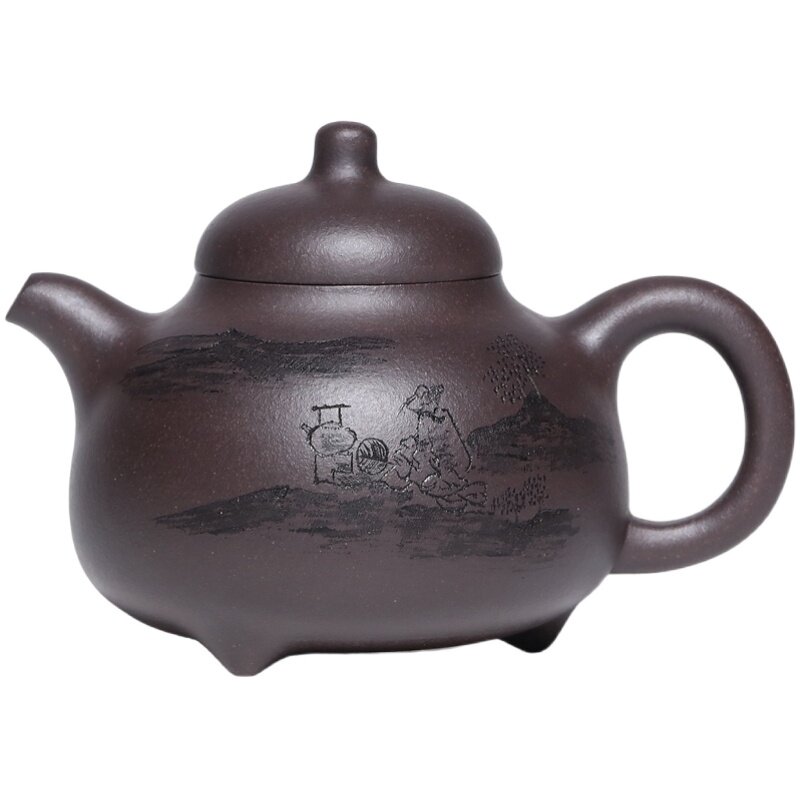 三足乳鼎紫砂壶宜兴原矿老紫泥纯全手工刻绘功夫茶具大容量泡茶壶