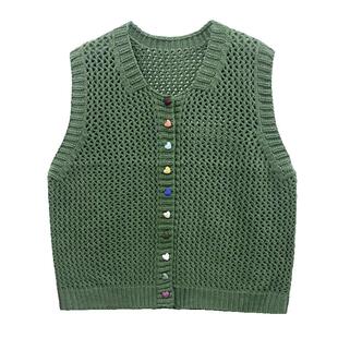 秋季新款宽松圆领镂空针织开衫马甲女叠穿短款坎肩外搭棉线背心潮