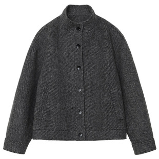 CV大码女装 初冬新款立领斜纹肌理感单排扣毛呢显瘦短外套女胖MM