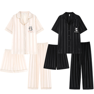 三件套睡衣情侣装一男一女夏季薄款凉感短袖长裤可外穿夏天家居服