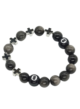 十字架台球黑8串珠手链黑曜石