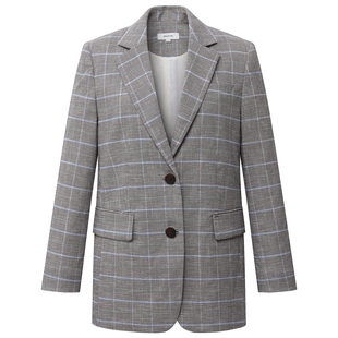 Hazzys哈吉斯新款复古格子亚麻单西外套女休闲春季通勤时尚西装韩