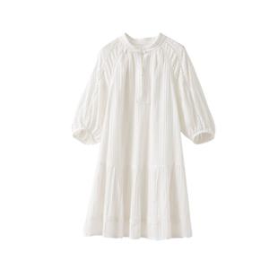 popchrio◆别致镂空蕾丝泡泡半中袖连衣裙度假风白色中长短裙子女