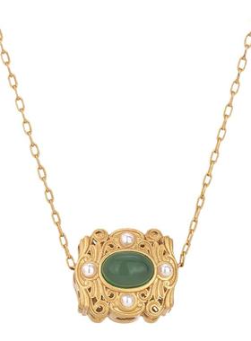 旗袍配饰复古法镀金镶嵌平安锁挂坠镶嵌天然玉髓玛瑙珍珠项链女生