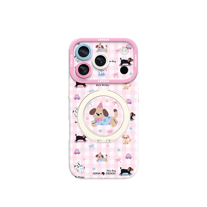 粉色格子小狗适用iPhone17Promax手机壳新款苹果16Pro磁吸带支架套Bo5液态硅胶支点ip15高级感14可爱13pm全包