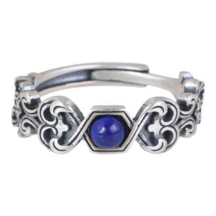 青金石戒指女款小众设计高级感复古做旧工艺开口几何形镶石银指环