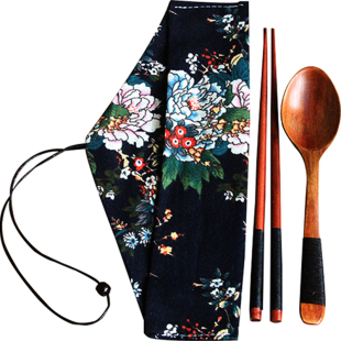 木质勺筷布袋两件套装实木搅拌勺子成人长勺筷子中式便携礼品套装