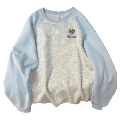 美式复古圆领卫衣女秋季撞色小熊刺绣oversize宽松百搭小个子上衣