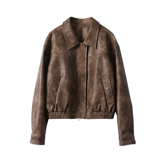淘么淘 随手凹造型 柔软环保PU皮松紧衣摆宽松翻领夹克皮衣外套女