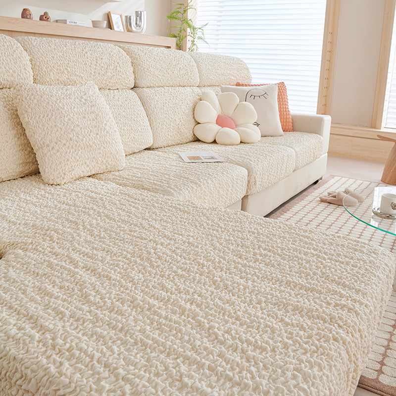 新品 米白色泡泡纱弹力沙发笠懒人沙发套罩全包万能奶油色沙发垫