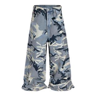 BTSG美式复古Cargo廓形雪地蓝迷彩工装裤街头宽松阔腿拖地休闲裤