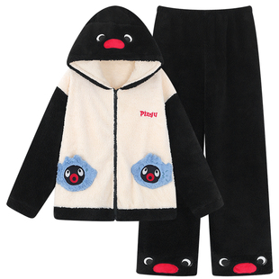 冬季pingu企鹅睡衣女款珊瑚绒加厚加绒毛绒可爱网红风连帽家居服