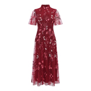 黛玛诗国风新中式旗袍春新款蕾丝绣花连衣裙女荷叶袖宴会礼服红色