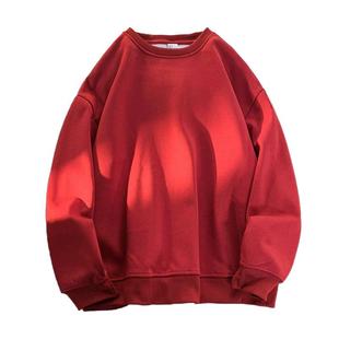 酒红色重磅卫衣男无帽600g大码长袖t恤内搭打底衫2024龙年本命年