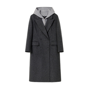 蓝语大码假两件连帽灰色绵羊毛双面呢大衣冬季宽松长款毛呢子外套