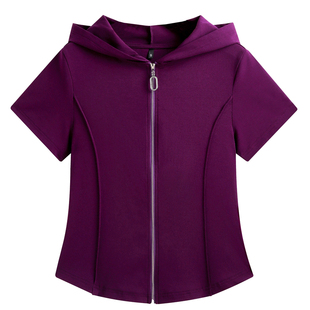 连帽拉链短袖T恤女2026夏季新款宽松显瘦休闲卫衣开衫短款上衣服