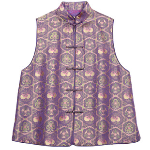 真丝宋锦中式改良立领复古唐装女上衣背心中国风夹棉开襟短马夹女