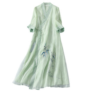 中国风夏季新款改良汉服天丝七分袖交领绣花侧绑带开衫茶服连衣裙
