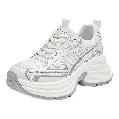 达芙妮增高显瘦运动休闲鞋女2025春季新款百搭真皮透气银色老爹鞋