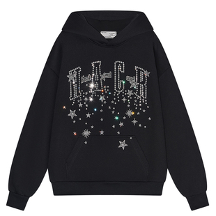 HACR流光银河烫钻卫衣 美式街头宽松休闲重工帽衫