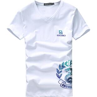 国潮新款短袖t恤男纯棉v领中国风龙腾图夏季半袖青年修身上衣服