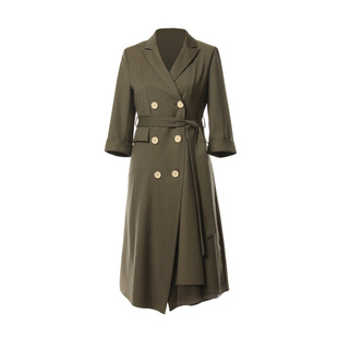 莱芙艾迪儿女士美拉德风西装领连衣裙中长款收腰显瘦条纹风衣裙子