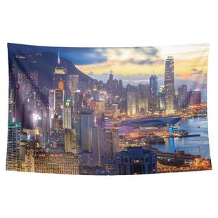 中国香港维多利亚港城市霓虹夜景街景写真装饰海报背景布挂布墙布