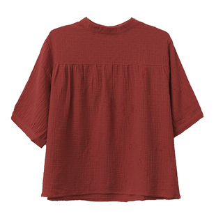 花吉B935红色圆领柔软双层棉纱剪花短袖衬衫女2026新款春半袖衬衣