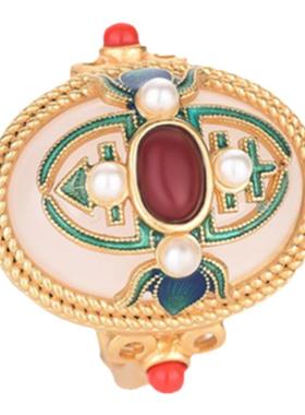 戒指宫廷设计中国风典雅古法金珐琅彩景泰蓝多宝镶嵌白玉南红指环