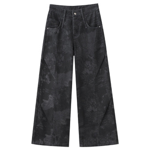 拉夏贝尔美式印花阔腿牛仔裤女春秋冬高腰直筒设计感加绒弯刀裤子