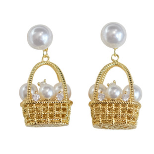 《提篮珍珠》复古法式精致高级感金色花篮耳钉耳环耳饰耳夹无耳洞