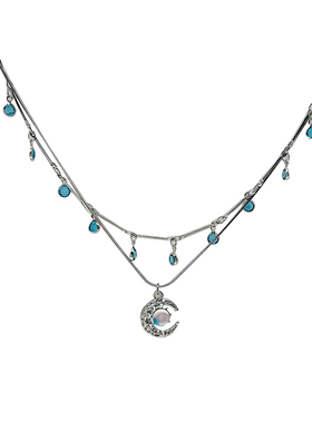 双层蓝色月亮海边叠带气质颈链新