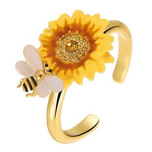 JuicyGrape珐琅向日葵花朵戒指女可调节一举夺魁食指戒情人节礼物