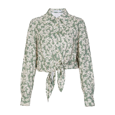 婉甸绿底青竹叶衬衫夏季新品人棉印花图片绑带宽松小衫1232S16DJ5