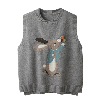 韩系卡通兔子提花针织衫马甲女秋冬洋气减龄叠穿无袖坎肩背心毛衣