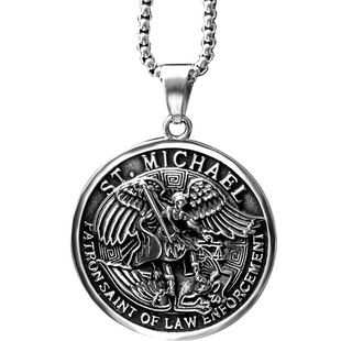 大天使米迦勒守护圆牌吊坠项链男复古配饰欧美饰品钛钢护身符挂件