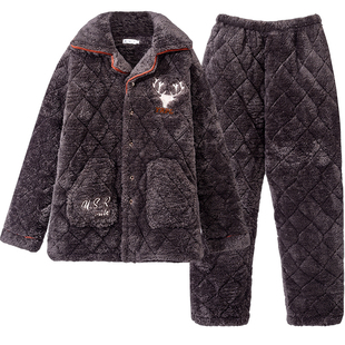 新款男士秋冬季三层夹棉睡衣珊瑚绒加绒加厚法兰绒家居服冬天套装