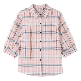 格子衬衫女士七分袖夏季新款妈妈装洋气衬衣中袖时尚显瘦棉质上衣