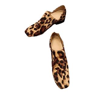 6cm内增高野花豹纹褶皱马毛一脚蹬乐福中高跟时尚手工鞋单穆勒鞋