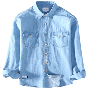 工装牛仔衬衫男长袖春秋季宽松男士上衣潮流百搭水洗纯棉衬衣外套