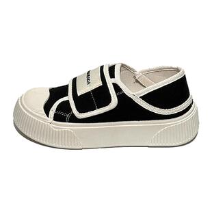 帆布半拖鞋女2025年秋季新款松糕厚底魔术贴小白鞋一脚蹬休闲板鞋