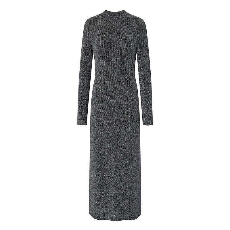 BCBG秋女装设计感时尚优雅显瘦重工银丝圆领修身长袖连衣裙长裙