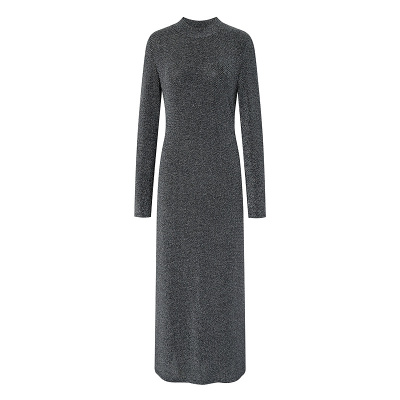 BCBG25早秋新款设计感时尚优雅显瘦重工银丝圆领修身长袖女连衣裙