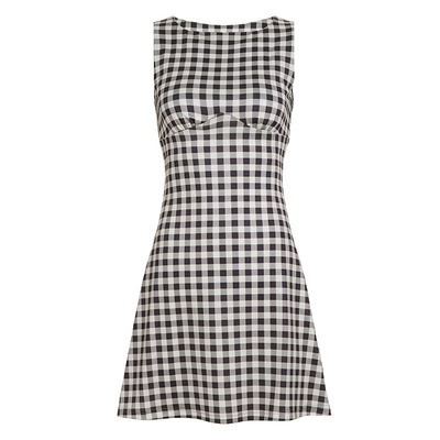 IAEY复古学院风棕色格子无袖背心连衣裙系带收腰显瘦气质A字裙夏