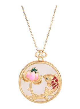 复古仿和田玉莲花连年有余鲤鱼莲花平安扣项链宫廷风设计玉石挂坠